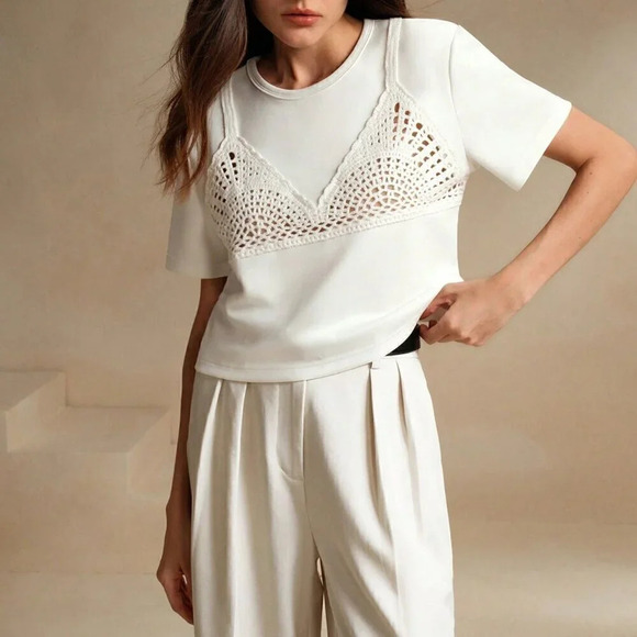 White Casual Women's Round Neck Short Sleeve Lace Patchwork Loose Crop Top - Picture 6 of 7